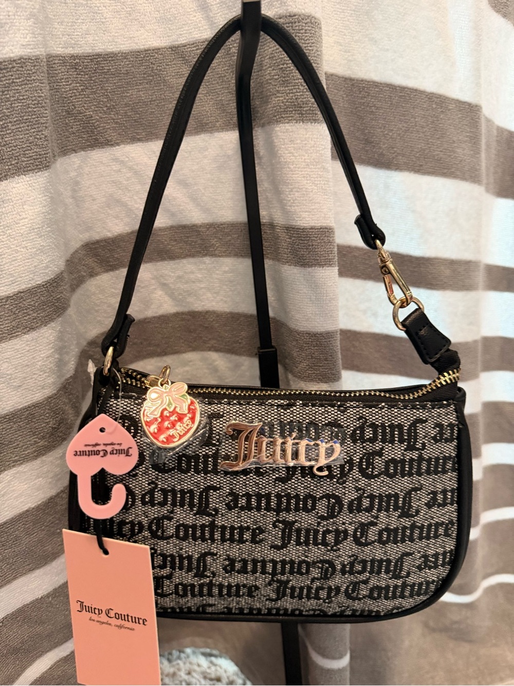 NWT Juicy Couture Black Glitter Logo Shoulder Bag with Pink Charm